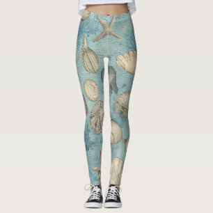 Beautiful Vintage Seashells In Blue Leggings