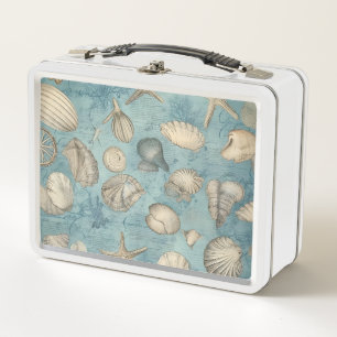 Beautiful Vintage Seashells In Blue Metal Lunch Box