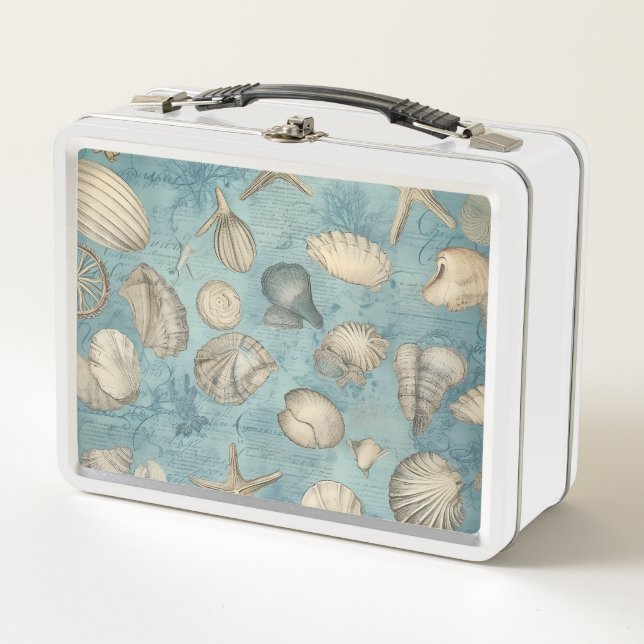 Beautiful Vintage Seashells In Blue Metal Lunch Box (Front)