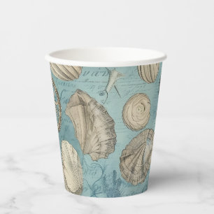 Beautiful Vintage Seashells In Blue Paper Cups