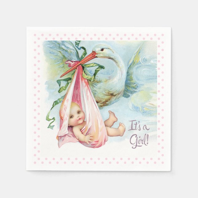 Beautiful Vintage Stork Baby Girl Shower Napkin (Front)