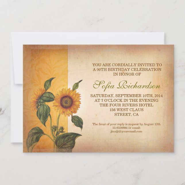 beautiful vintage sunflowers birthday invitations (Front)