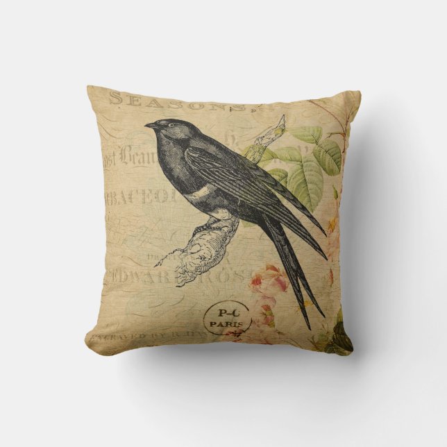 Beautiful Vintage Swallow Bird Floral Collage Cushion (Front)