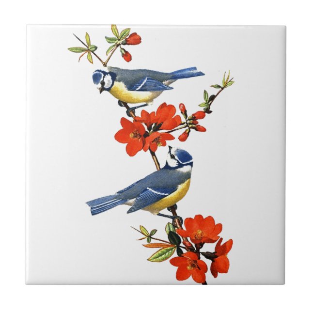Beautiful vintage tree blossom red flowers birds tile (Front)