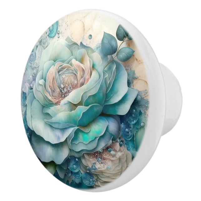 Beautiful Vintage Turquoise Roses Ceramic Knob (Right)
