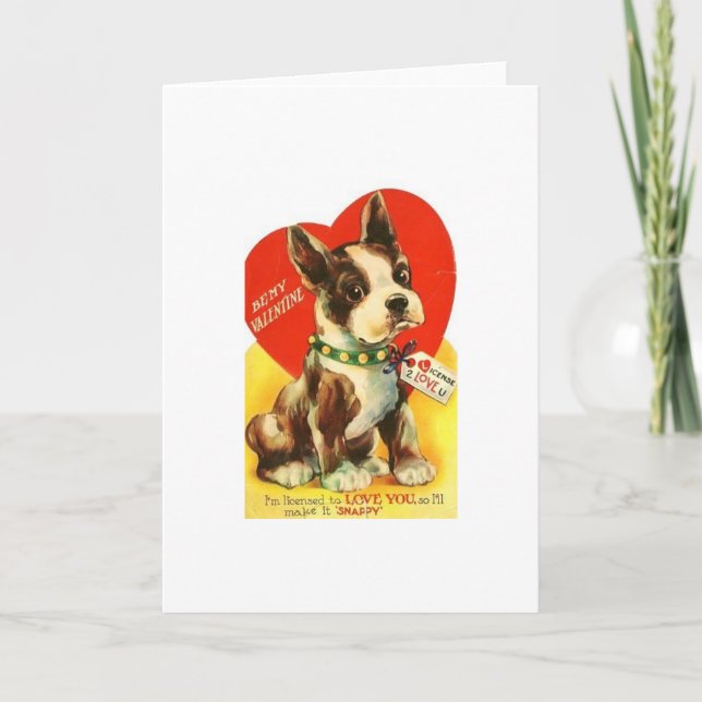 Beautiful Vintage Valentine Boston Terrier Puppy Holiday Card (Front)