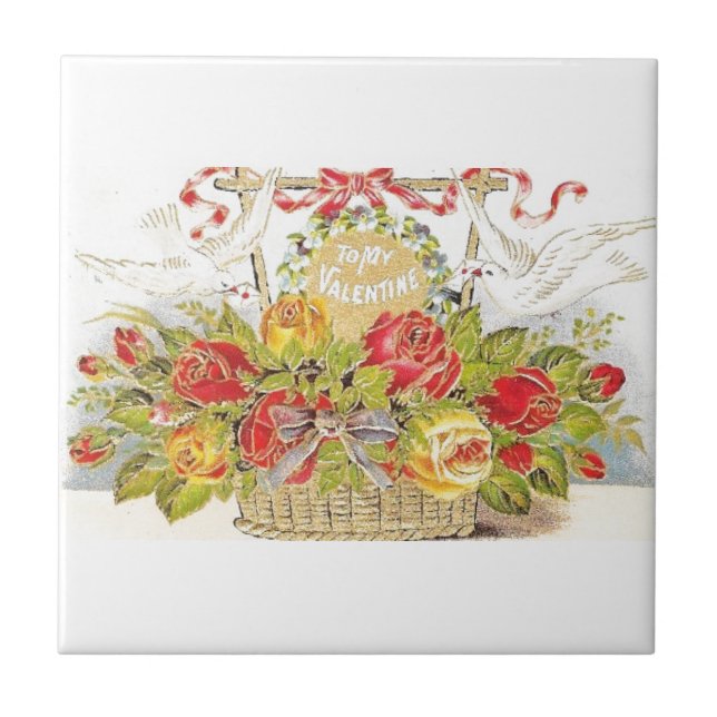 Beautiful Vintage Valentine Doves & Roses Basket Tile (Front)