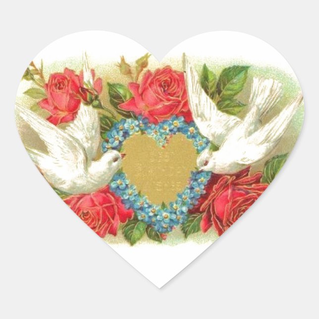 Beautiful Vintage Valentine Doves & Roses Heart Sticker (Front)