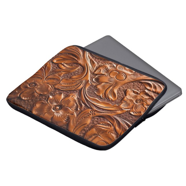 Beautiful Vintage Western Simulated Tooled Leather Laptop Sleeve (Front Top)