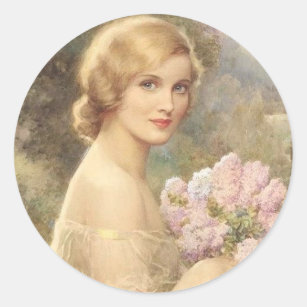 Beautiful Vintage Woman Holding Flower Bouquet Classic Round Sticker
