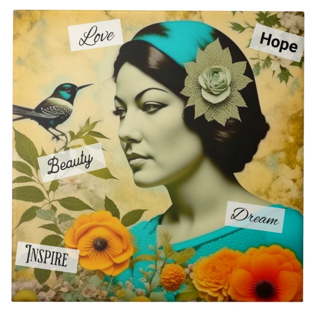 Beautiful Vintage Woman with Bird and Flowers Tile (Front)