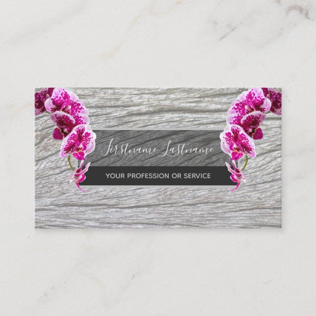 Beautiful violet pink orchid blossoms on wood busi business card (Front)
