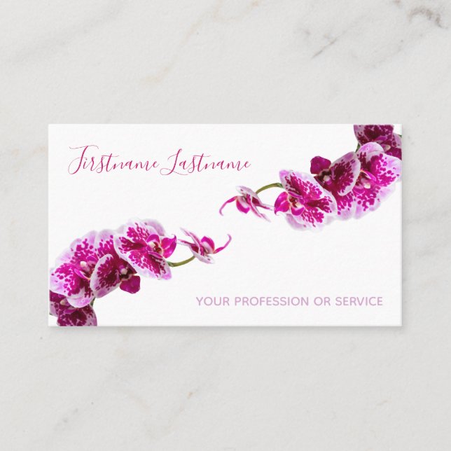 Beautiful violet pink orchid flower on white! busi business card (Front)