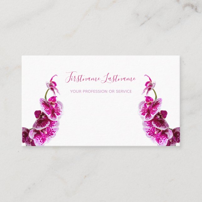 Beautiful violet pink orchid flower on white! busi business card (Front)