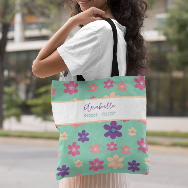 Beautiful Violet Pink Yellow  Flowers with Name Tote Bag (Creator Uploaded)