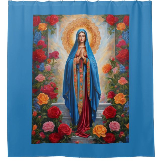 Beautiful Virgin Mary In Blue Robe with Halo Shower Curtain (Front)
