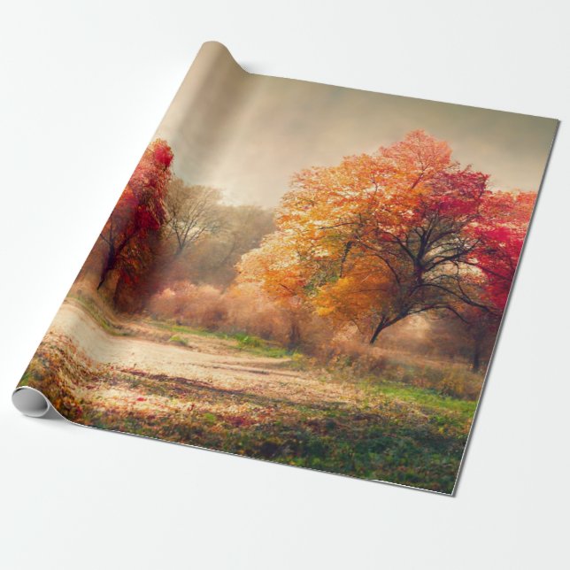 Beautiful Watercolor Autumn Forest Landscape Wrapping Paper (Unrolled)