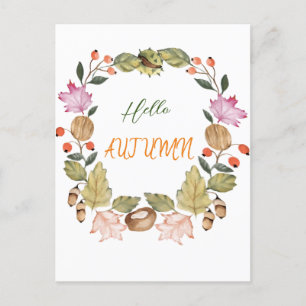 Beautiful watercolor autumn wreath of leaves postcard