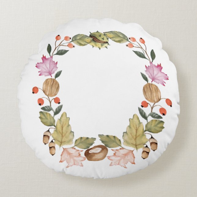 Beautiful watercolor autumn wreath of leaves round cushion (Front)