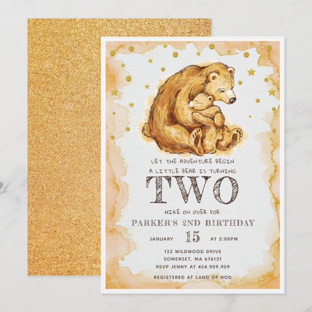 Beautiful Watercolor Bear Birthday 2nd Birthday Invitation (Front/Back)