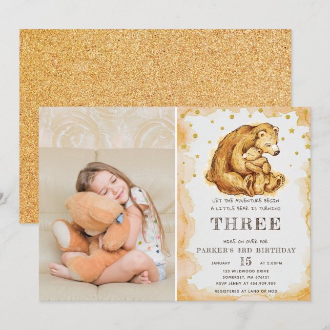 Beautiful Watercolor Bear Birthday Photo Invitation (Front/Back)