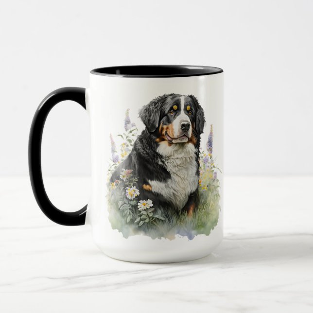 BEAUTIFUL WATERCOLOR BERNESE MOUNTAIN DOG MUG (Left)