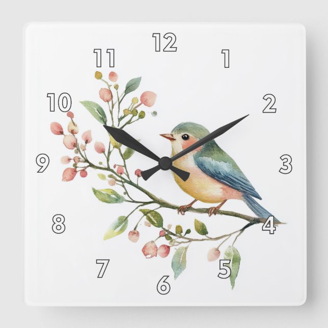 Beautiful Watercolor Bird Square Wall Clock (Front)