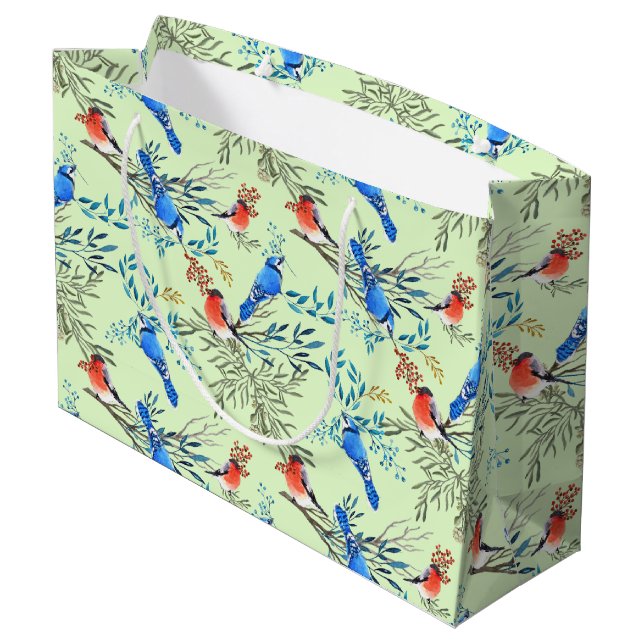Beautiful Watercolor Birds and Foliage Pattern Large Gift Bag (Back Angled)