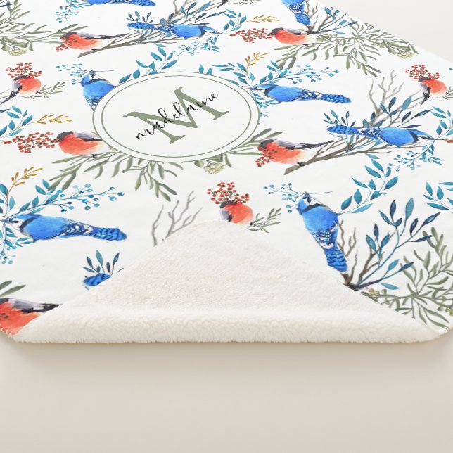 Beautiful Watercolor Birds and Foliage Pattern Sherpa Blanket (3/4)