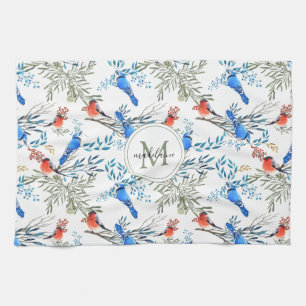 Beautiful Watercolor Birds and Foliage Pattern Tea Towel
