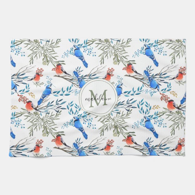 Beautiful Watercolor Birds and Foliage Pattern Tea Towel (Horizontal)