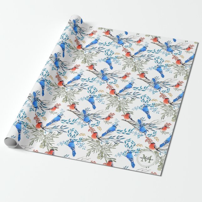 Beautiful Watercolor Birds and Foliage Pattern Wrapping Paper (Unrolled)