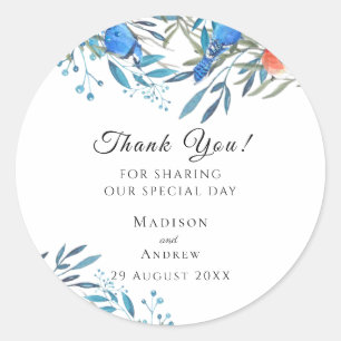 Beautiful Watercolor Birds and Foliage Thank You Classic Round Sticker
