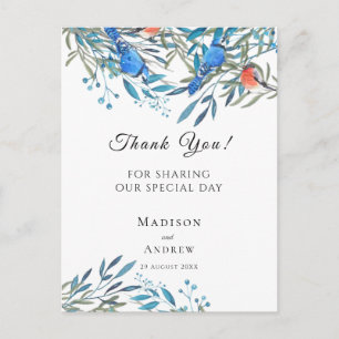 Beautiful Watercolor Birds and Foliage Thank You Postcard