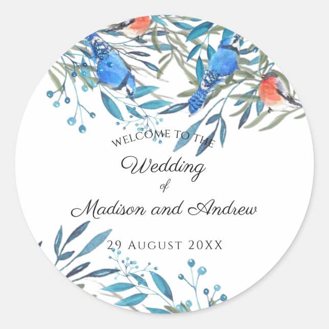 Beautiful Watercolor Birds and Foliage Wedding Classic Round Sticker (Front)