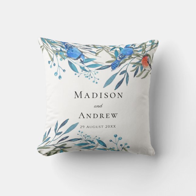 Beautiful Watercolor Birds and Foliage Wedding Cushion (Front)