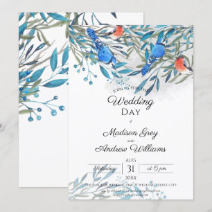 Beautiful Watercolor Birds and Foliage wedding Invitation