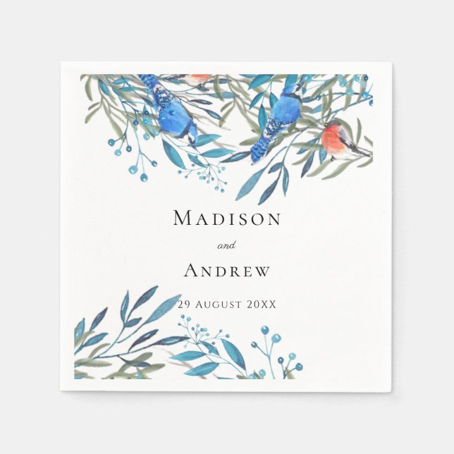 Beautiful Watercolor Birds and Foliage Wedding Napkin (Front)