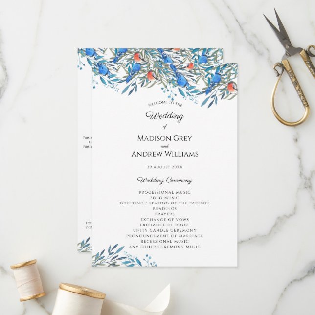 Beautiful Watercolor Birds and Foliage Wedding Programme (Front/Back In Situ)