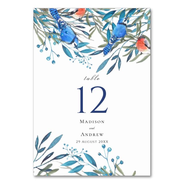 Beautiful Watercolor Birds and Foliage Wedding Table Number (Front)