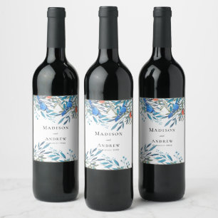 Beautiful Watercolor Birds and Foliage Wedding Wine Label