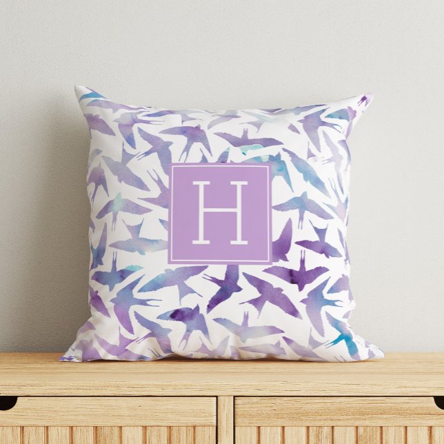 Beautiful Watercolor Birds Monogrammed Cushion (Creator Uploaded)