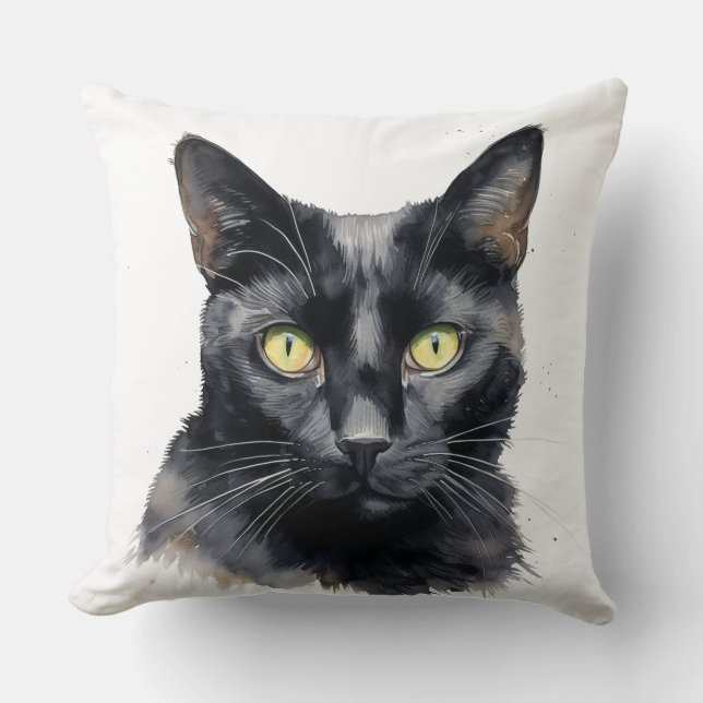 BEAUTIFUL WATERCOLOR BLACK CAT FACE CUSHION (Front)