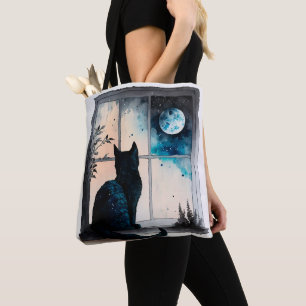 BEAUTIFUL WATERCOLOR BLACK CAT SITTING IN A WINDOW TOTE BAG