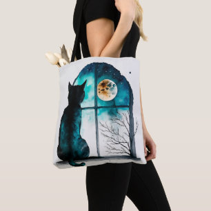 BEAUTIFUL WATERCOLOR BLACK CAT SITTING IN A WINDOW TOTE BAG