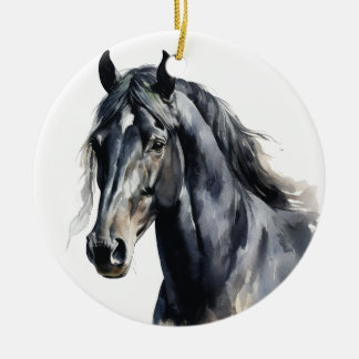 BEAUTIFUL WATERCOLOR BLACK HORSE CERAMIC TREE DECORATION
