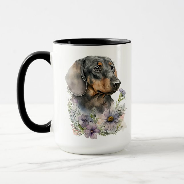 BEAUTIFUL WATERCOLOR BLACK & TAN DACHSHUND DOG MUG (Left)