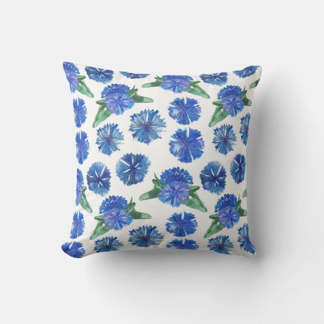 Beautiful watercolor blue cornflowers cushion (Front)