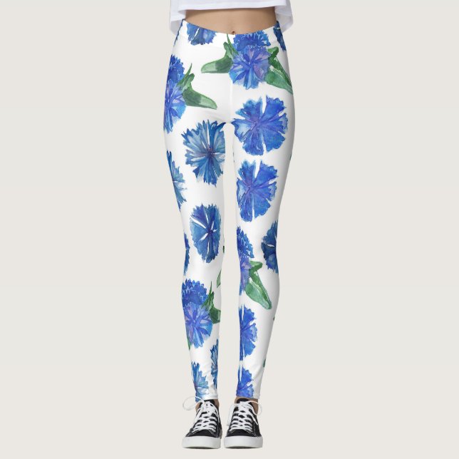 Beautiful watercolor blue cornflowers leggings (Front)