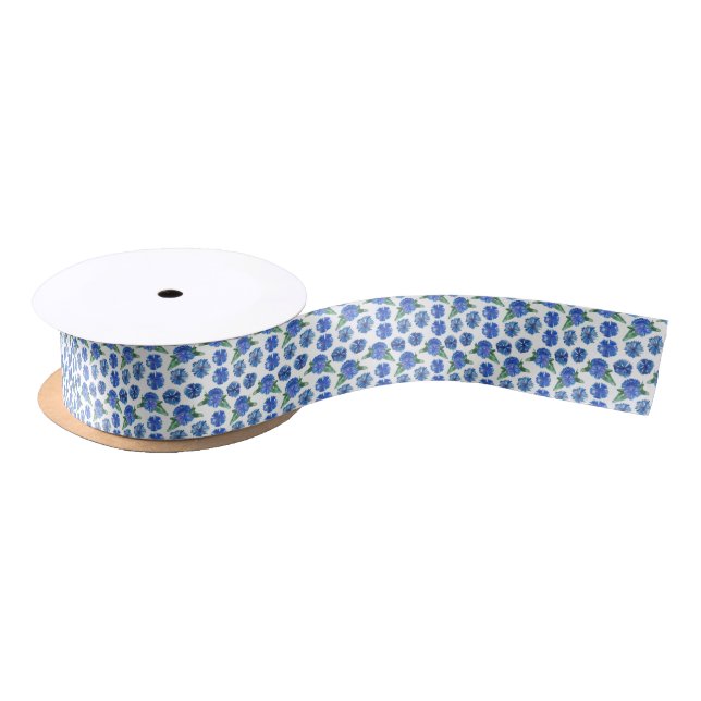 Beautiful watercolor blue cornflowers satin ribbon (Spool)